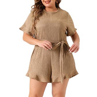 Plus Size Rompers For Women 2023 Summer Short Sleeve Cute Ruffle Front Tie Beach Short Jumpsuits