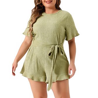 Plus Size Rompers For Women 2023 Summer Short Sleeve Cute Ruffle Front Tie Beach Short Jumpsuits
