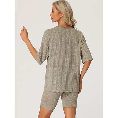 Women's Ribbed Knit Soft Tracksuit Sweatshirt Set Shorts Loungewear Sleepwear