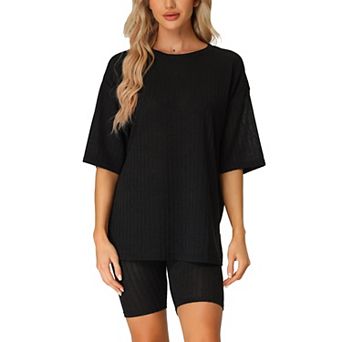 Women's Ribbed Knit Soft Tracksuit Sweatshirt Set Shorts Loungewear Sleepwear