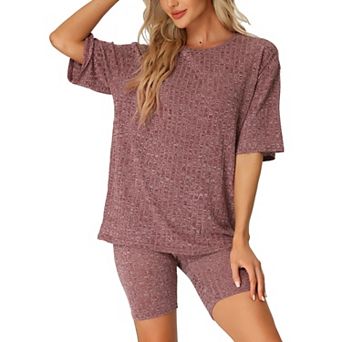 Women's Ribbed Knit Soft Tracksuit Sweatshirt Set Shorts Loungewear Sleepwear