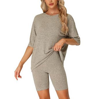 Women's Ribbed Knit Soft Tracksuit Sweatshirt Set Shorts Loungewear Sleepwear