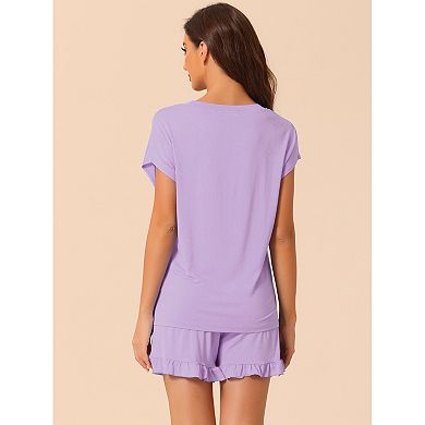 Women's Pajamas Ruffle Summer Outfits Short Sleeves Tops with Shorts Soft Lounge Sets