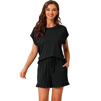 Women's Pajama Ruffle Summer Outfits Short Sleeves Tops with Shorts Lounge Sets
