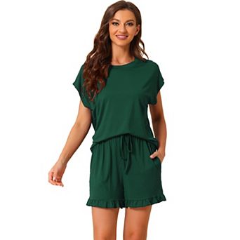 Women's Pajama Ruffle Summer Outfits Short Sleeves Tops with Shorts Lounge Sets