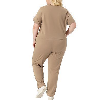 Women's Plus Size 2 Piece Matching Lounge Set Short Sleeve Slightly Crop Top Casual Sweatsuit