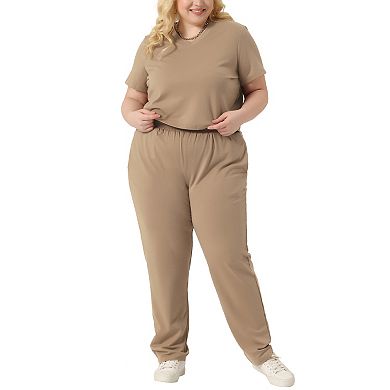 Women's Plus Size 2 Piece Matching Lounge Set Short Sleeve Slightly Crop Top Casual Sweatsuit