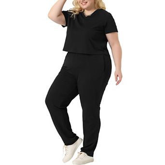 Women's Plus Size 2 pc Matching Lounge Set Short Sleeve Slightly Crop Top Casual Sweatsuit