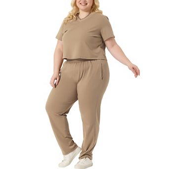 Women's Plus Size 2 pc Matching Lounge Set Short Sleeve Slightly Crop Top Casual Sweatsuit