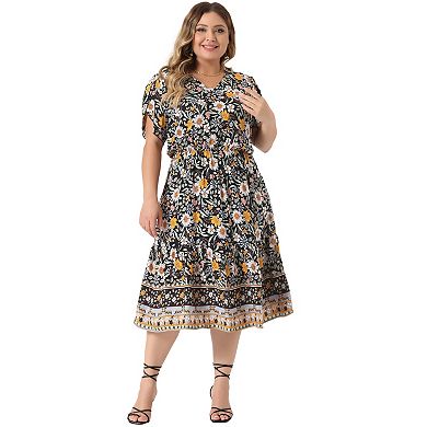 Plus Size Summer Boho Dresses For Women Casual V Neck Short Sleeve Floral Print Beach Midi Dress