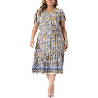 Plus Size Summer Boho Dresses For Women Casual V Neck Short Sleeve Floral Print Beach Midi Dress