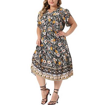 Plus Size Summer Boho Dresses For Women Casual V Neck Short Sleeve Floral Print Beach Midi Dress
