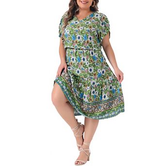 Plus Size Summer Boho Dresses For Women Casual V Neck Short Sleeve Floral Print Beach Midi Dress