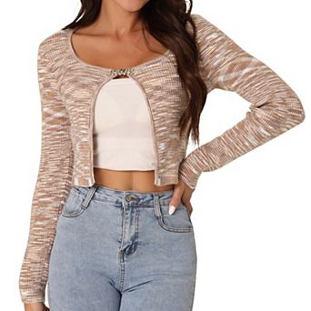 Women's Casual Long Sleeve Open Front Stripe Knitted Fashion Butterfly Buckle Crop Sweater Cardigan