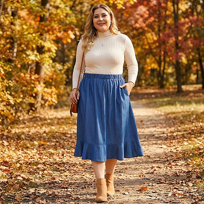 Plus Size Midi Skirt For women Elastic Waist Denim Tiered Pleated