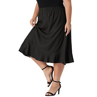 Plus Size Midi Skirt For women Elastic Waist Denim Tiered Pleated Hem Chambray Skirts