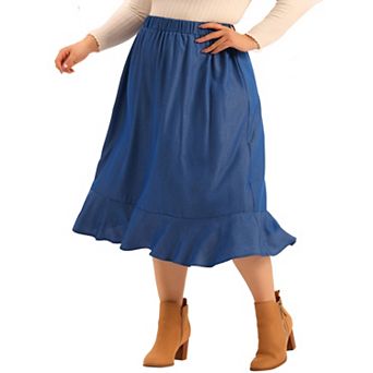 Plus Size Midi Skirt For women Elastic Waist Denim Tiered Pleated Hem Chambray Skirts