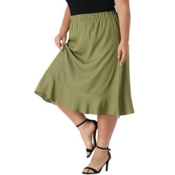 Plus Size Midi Skirt For women Elastic Waist Denim Tiered Pleated Hem Chambray Skirts