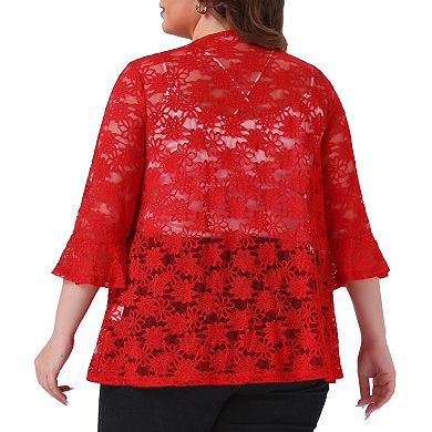 Plus Size Cardigan for Women Open Front 3/4 Sleeve Sheer Casual Lace Cover Up