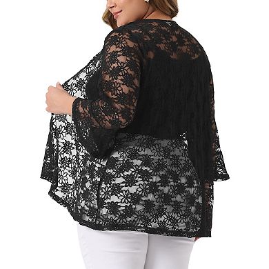 Plus Size Cardigan For Women Open Front 3/4 Sleeve Sheer Casual Lace Cardigan Cover Up