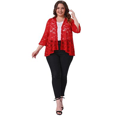 Plus Size Cardigan for Women Open Front 3/4 Sleeve Sheer Casual Lace Cover Up