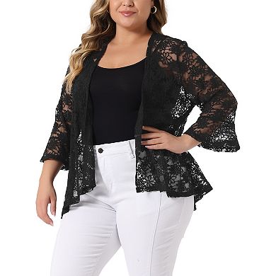 Plus Size Cardigan For Women Open Front 3/4 Sleeve Sheer Casual Lace Cardigan Cover Up