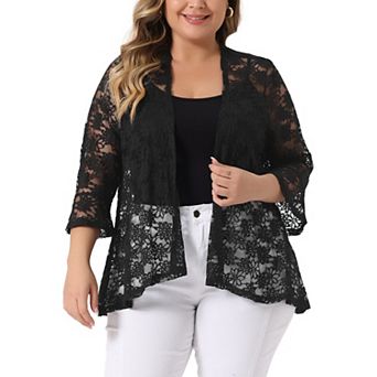 Plus Size Cardigan for Women Open Front 3/4 Sleeve Sheer Casual Lace Cover Up