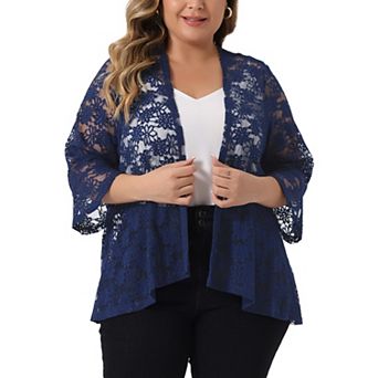 Plus Size Cardigan for Women Open Front 3/4 Sleeve Sheer Casual Lace Cover Up