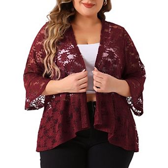 Plus Size Cardigan for Women Open Front 3/4 Sleeve Sheer Casual Lace Cover Up