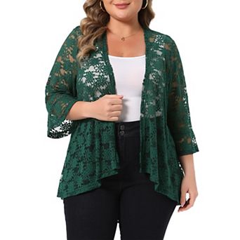 Plus Size Cardigan for Women Open Front 3/4 Sleeve Sheer Casual Lace Cover Up