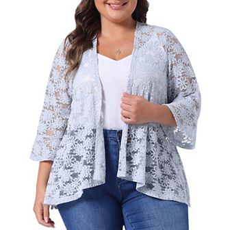 Plus Size Cardigan for Women Open Front 3/4 Sleeve Sheer Casual Lace Cover Up
