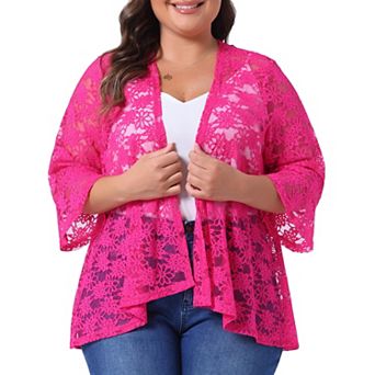 Plus Size Cardigan for Women Open Front 3/4 Sleeve Sheer Casual Lace Cover Up