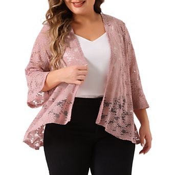 Plus Size Cardigan for Women Open Front 3/4 Sleeve Sheer Casual Lace Cover Up