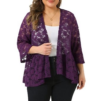 Plus Size Cardigan for Women Open Front 3/4 Sleeve Sheer Casual Lace Cover Up