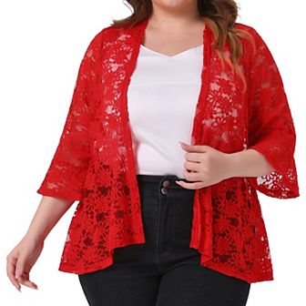 Plus Size Cardigan for Women Open Front 3/4 Sleeve Sheer Casual Lace Cover Up