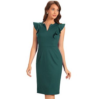 Sleeveless Sheath Dress for Women Ruffles V Neck Split Work Pencil Dresses