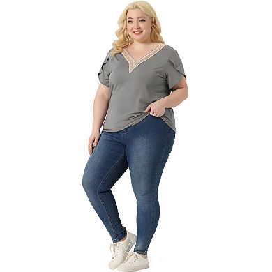 Plus Size Summer T-shirts For Women Casual Lace V Neck Short Sleeve Tunics Basic Tops Blouses
