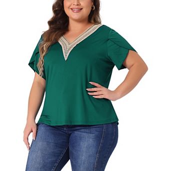 Plus Size Summer T-shirts For Women Casual Lace V Neck Short Sleeve Tunics Basic Tops Blouses