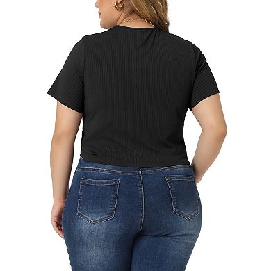 Plus Size Blouse For Women Twist Front V Neck Ribbed Short Sleeve Casual Solid Tops