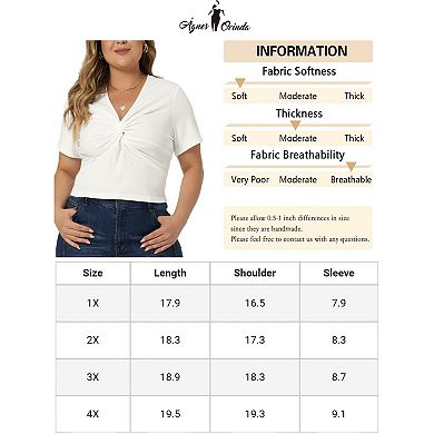 Plus Size Blouse For Women Twist Front V Neck Ribbed Short Sleeve Casual Solid Tops