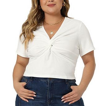 Plus Size Blouse For Women Twist Front V Neck Ribbed Short Sleeve Casual Solid Tops