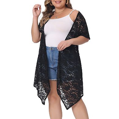 Plus Size Cardigan For Women Lace Crochet Short Sleeves Sheer Cover Up