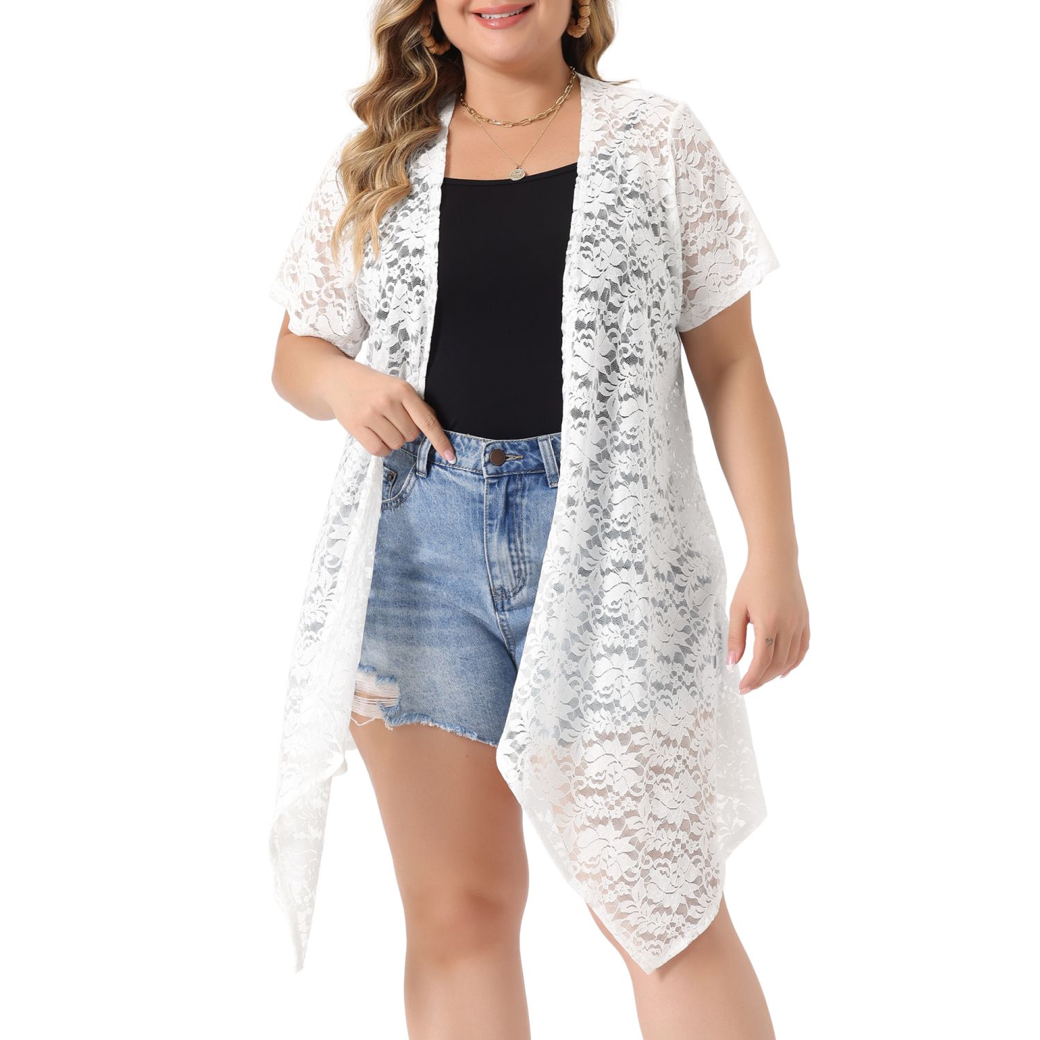 Plus Size Cardigan For Women Lace Crochet Short Sleeves Sheer Cover Up