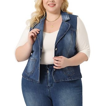 Plus Size Denim Vest For Women Sleeveless Lapel Button Down Classics Jean Waistcoat Jackets Vests