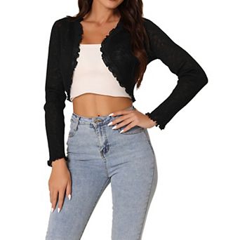 Women's Casual Long Sleeve Ruffle Trim Open Front Crop Bolero Knit Shrug Cardigan