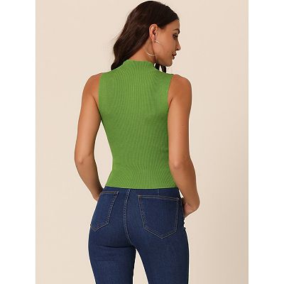 Women's Summer Mock Neck Ribbed Knit Blouse Sleeveless Casual