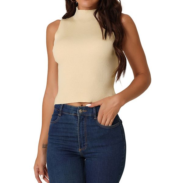 Women's Summer Mock Neck Ribbed Knit Blouse Sleeveless Casual Pullover ...