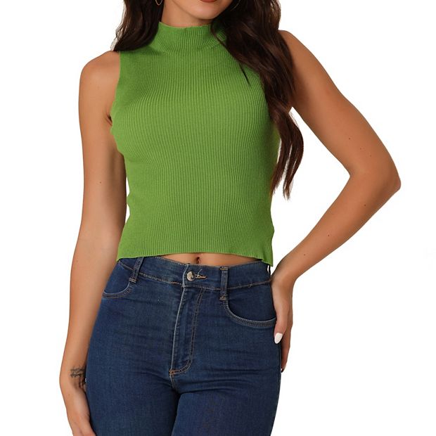Women s Summer Mock Neck Ribbed Knit Blouse Sleeveless Casual Pullover Tank Tops