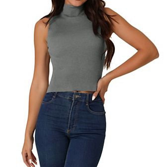 Women's Summer Mock Neck Ribbed Knit Blouse Sleeveless Casual Pullover Tank Tops