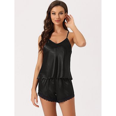 Women's Satin Pajamas Sleeveless Lace Trim Camisole Tops and Shorts Silky Lounge Sets